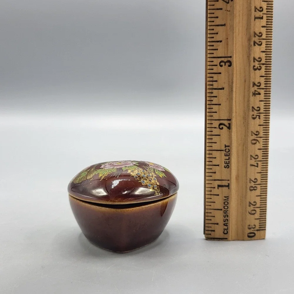 Heart Trinket Box Miniature Peacock Peony Floral Ceramic Brown Shelf Decor